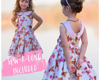 Girl Party Dress PDF Sewing Pattern with Peter Pan Collar for Wedding, Communion or every Day - Vivienne Pattern - Video Tutorials included