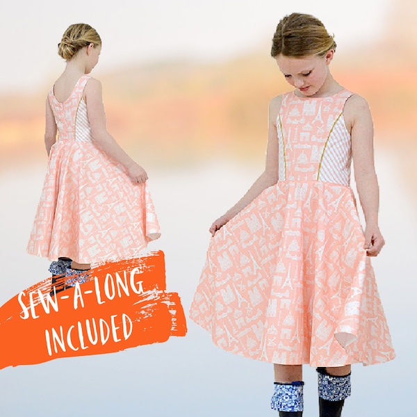 Party Dress PDF Sewing Pattern - The Vivienne -  Skater dress a perfect twirl dress with Video Tutorial for Age 1-12