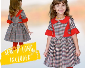 Girl Dress PDF Sewing Pattern - Vivienne - Circle Skirt , Peter Pan Collar , Peplum Top, Sleeves and  Sleeveless Options by Frocks & Frolics