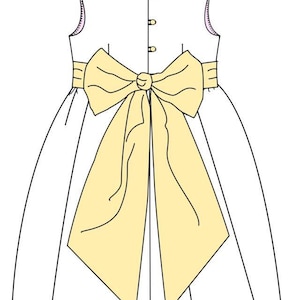 Flower girl dress pdf sewing pattern, cummerbund sash, big bow, classic flower girl frock, pink sash, cream bodice, covered buttons, rouleaux loop fastening. Free You Tube Video playlist. Back view of the handcovered cover buttons.