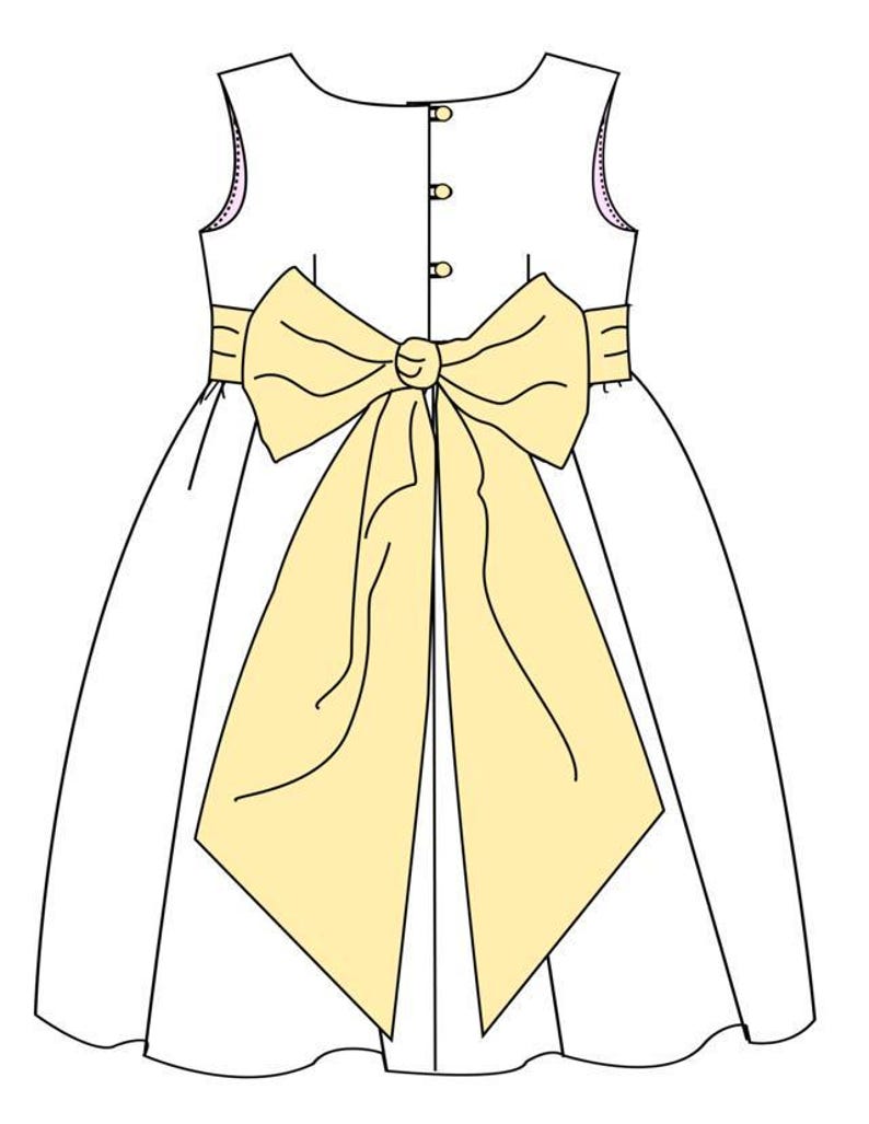 Flower girl dress pdf sewing pattern, cummerbund sash, big bow, classic flower girl frock, pink sash, cream bodice, covered buttons, rouleaux loop fastening. Free You Tube Video playlist. Back view of the handcovered cover buttons.