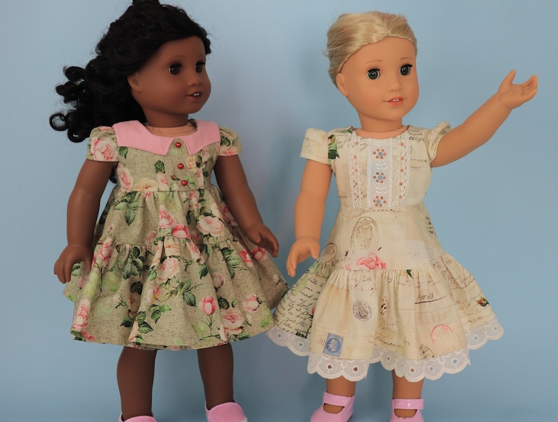 Isabella Doll dress, pdf sewing pattern for American Girl dolls. 18 inch doll clothes. Dress with pin tucks on the fron bodice and velcro closure. You get video tutorials for every step.