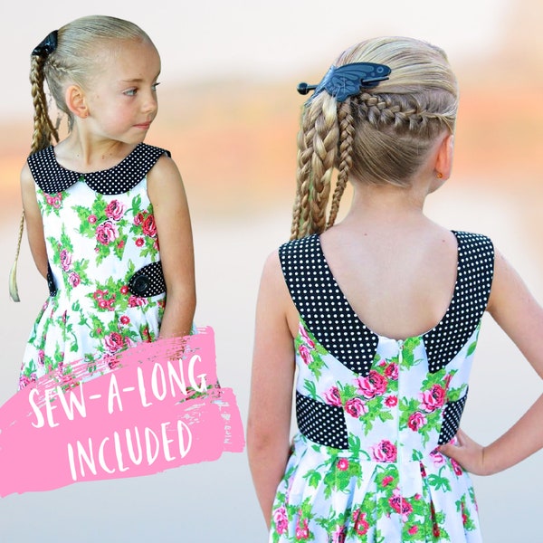 Sleeveless Dress PDF Sewing Pattern - The Vivienne with Vintage Peter Pan Collar gathered or pleated circle skirt for Ages 2-12