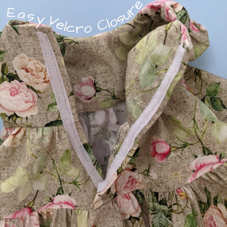 Isabella Doll dress, pdf sewing pattern for American Girl dolls. 18 inch doll clothes. Dress with pin tucks on the fron bodice and velcro closure. You get video tutorials for every step. Velcro closure.