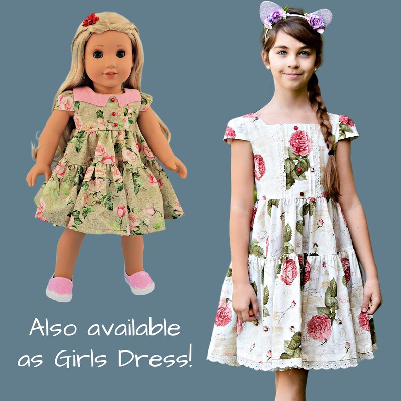 Isabella Doll dress, pdf sewing pattern for American Girl dolls. 18 inch doll clothes. Dress with pin tucks on the fron bodice and velcro closure. You get video tutorials for every step.