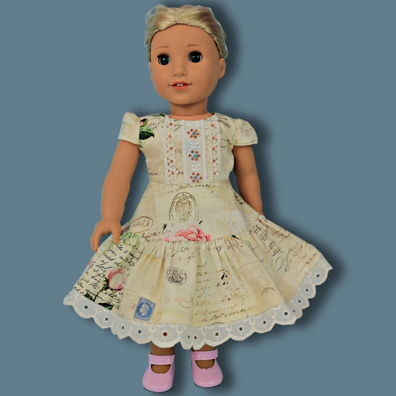 Isabella Doll dress, pdf sewing pattern for American Girl dolls. 18 inch doll clothes. Dress with pin tucks on the fron bodice and velcro closure. You get video tutorials for every step.