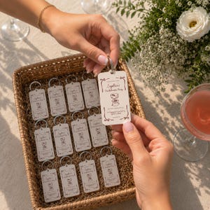 May include: A collection of rectangular white acrylic keychains with silver metal rings, each featuring a printed design of a cocktail glass and the text 'Sophia's Bachelorette Party' along with 'So happy you're part of my special weekend'.