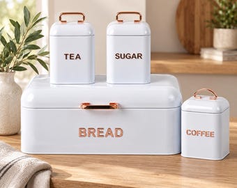 White Bread Bin & Canister Set, 4 Pieces, Rose Gold-Tone Tea Coffee Sugar Storage