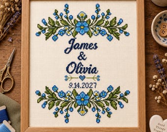 Wedding Cross Stitch Pattern PDF Blue Floral Couple Names Date Chart