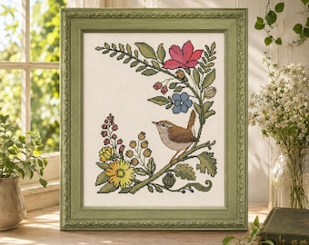 Wren Cross Stitch Pattern PDF, Floral Bird Counted Chart