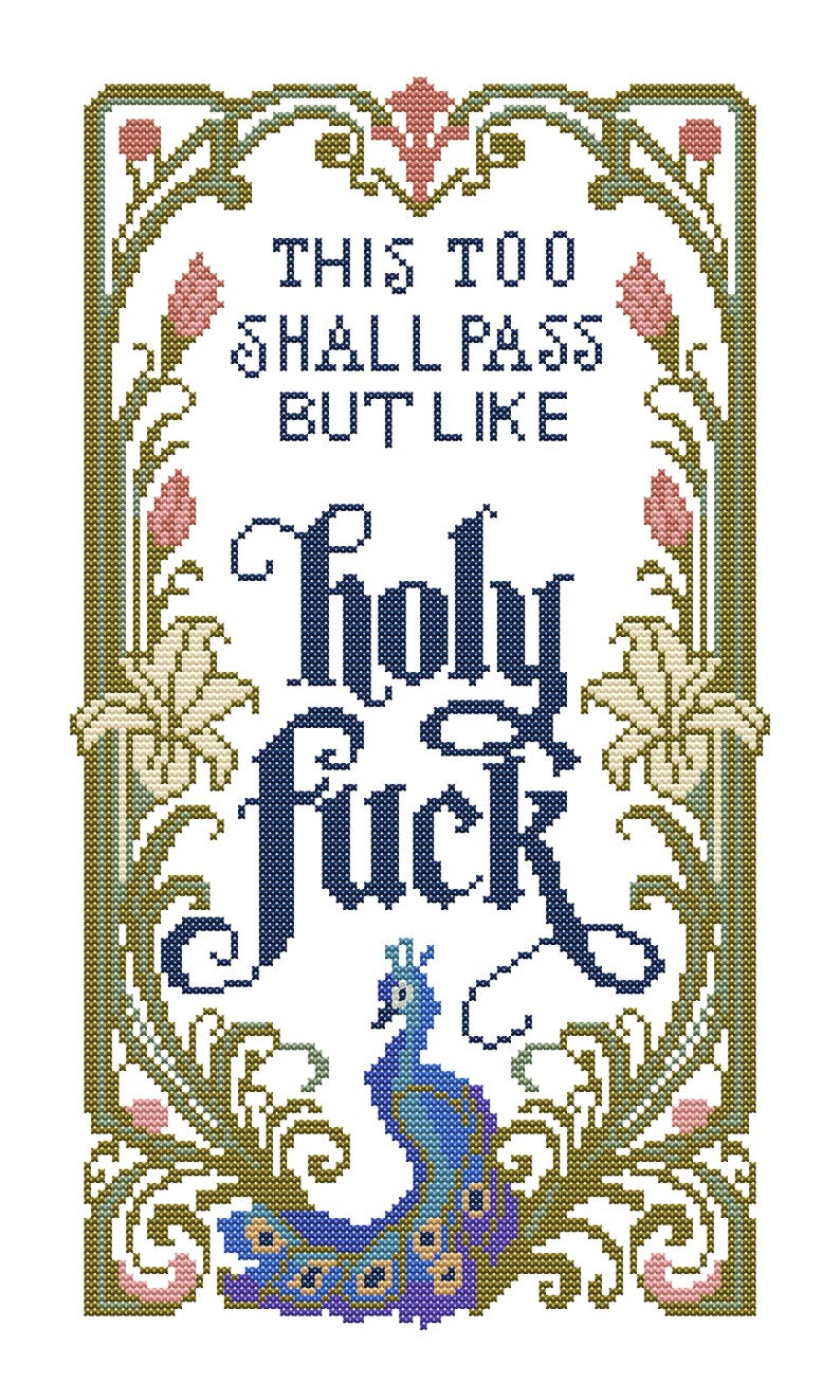 May include: A cross-stitch embroidery featuring a decorative border of green vines and pink flowers. The text reads THIS TOO SHALL PASS BUT LIKE holy fuck. A blue and purple peacock is positioned at the bottom center of the rectangular design.