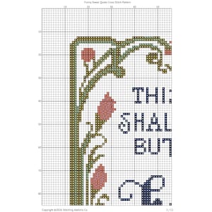May include: A cross stitch pattern on a grid featuring a floral border with green stems and pink flower buds. The text reads "THI SHAL BUT" in dark blue block letters. The design includes a numbered grid for stitching reference and copyright text.