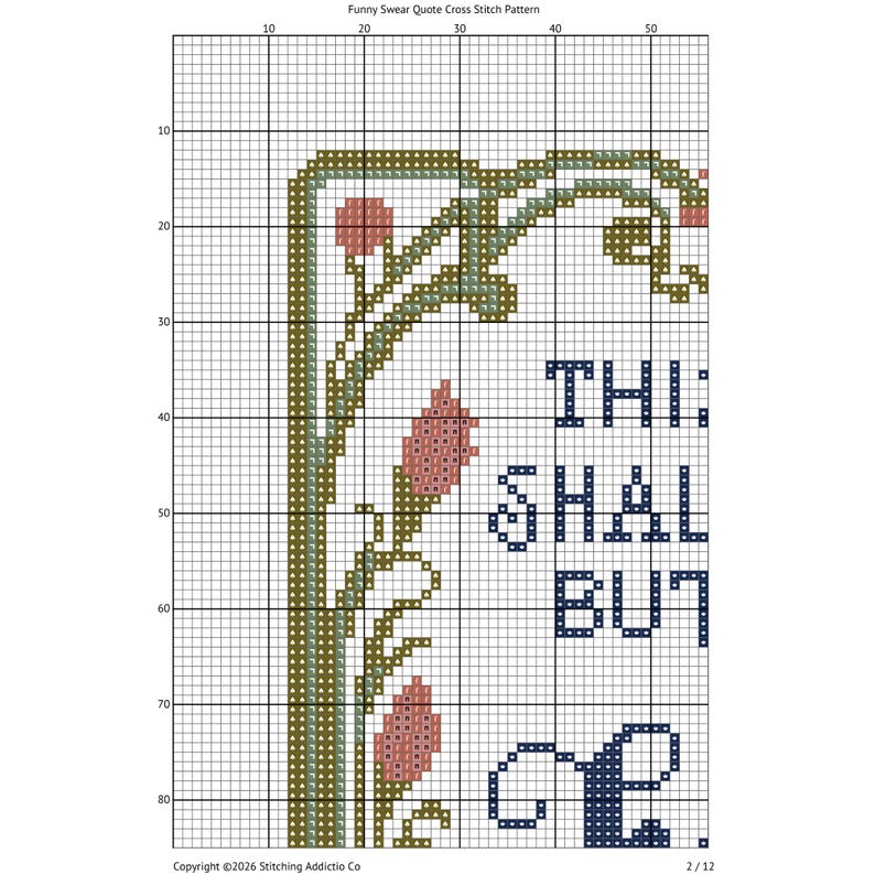 May include: A cross stitch pattern on a grid featuring a floral border with green stems and pink flower buds. The text reads "THI SHAL BUT" in dark blue block letters. The design includes a numbered grid for stitching reference and copyright text.
