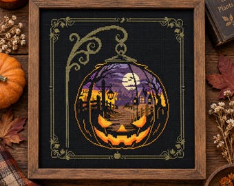Wzór haftu krzyżykowego nawiedzonej dyni w formacie PDF z nocną sceną Jack O Lantern na Halloween