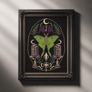May include: A framed cross-stitch embroidery on a black background featuring a central green luna moth, flanked by purple books, candles, and floral elements. The design includes a skull, crescent moons, and a key, all enclosed within an oval border.