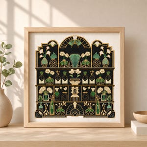 May include: A square cross-stitch embroidery in a light wood frame featuring a black background with gold and green geometric shelves holding various vases filled with white flowers, arranged in a symmetrical, tiered, and architectural pattern.