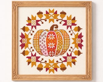 Patchwork Pumpkin Cross Stitch Pattern PDF, Folk Art Quilt Design