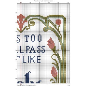 May include: A cross stitch pattern on a grid featuring a decorative border with green vines and pink floral accents. The text reads S TOO L PASS LIKE. The design includes numbered axes for reference and a copyright notice for 2026 Stitching Addictio Co.