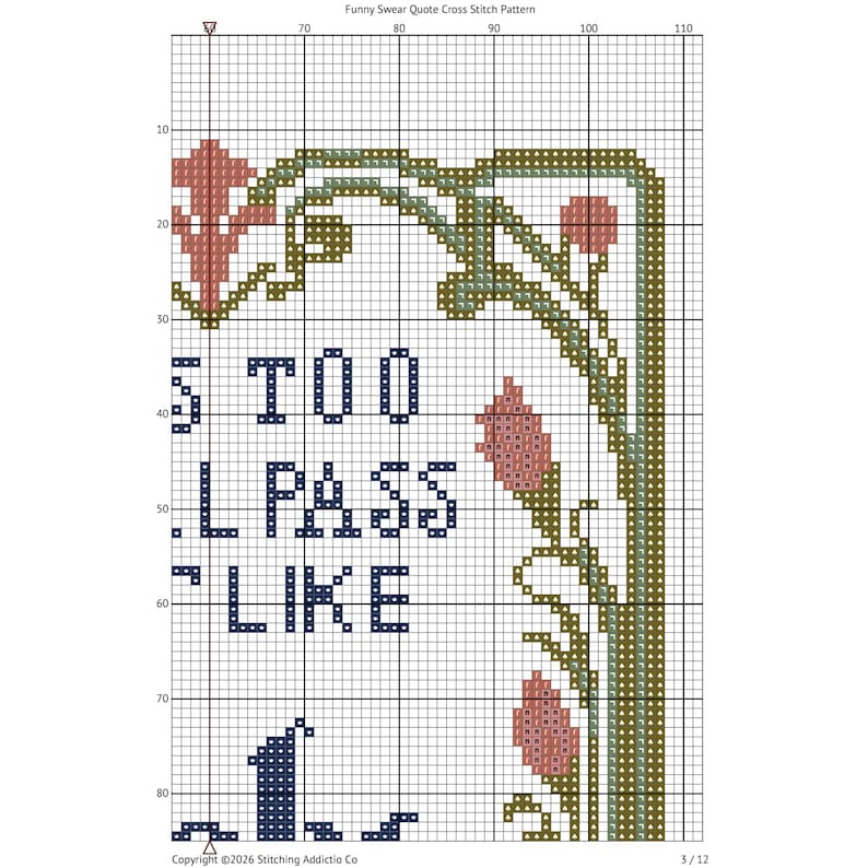 May include: A cross stitch pattern on a grid featuring a decorative border with green vines and pink floral accents. The text reads S TOO L PASS LIKE. The design includes numbered axes for reference and a copyright notice for 2026 Stitching Addictio Co.