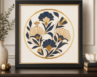 Wzór haftu krzyżykowego w stylu art déco z motywem kwiatowym, tabela liczona w formacie PDF, natychmiastowe pobranie