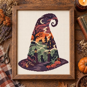 Heksen kruissteekpatroon PDF, Halloween telpatroon in de vorm van een heks