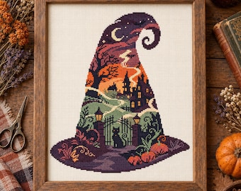 Witch Cross Stitch Pattern PDF, Shaped Halloween Counted Chart