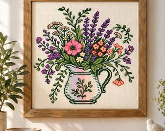 Słoik Mason z dzikimi kwiatami, haft krzyżykowy w formacie PDF, wzór botaniczny