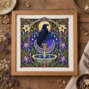 May include: A square cross-stitch embroidery in a light wood frame featuring a black raven perched on a crescent moon fountain. The design includes purple iris flowers, white lilies, and a golden circular halo against a deep blue background.
