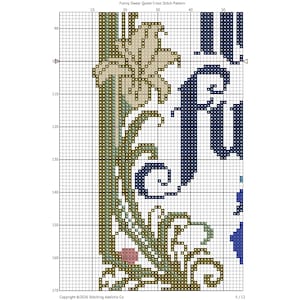 May include: A cross stitch pattern on a grid featuring a decorative floral border in shades of green, tan, and pink, alongside dark blue stylized lettering. The text at the top reads Funny Swear Quote Cross Stitch Pattern and at the bottom Copyright 2026 Stitching Addictio Co.