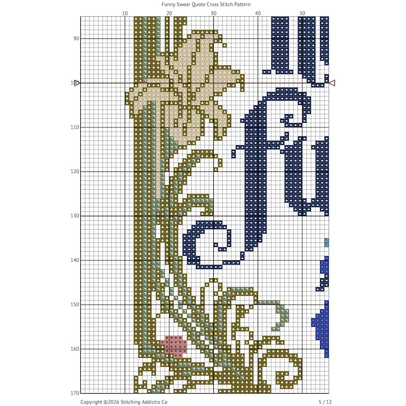 May include: A cross stitch pattern on a grid featuring a decorative floral border in shades of green, tan, and pink, alongside dark blue stylized lettering. The text at the top reads Funny Swear Quote Cross Stitch Pattern and at the bottom Copyright 2026 Stitching Addictio Co.