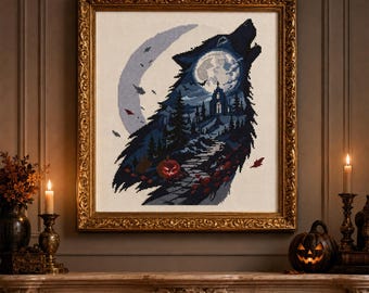 Wilk haft krzyżykowy, schemat PDF na Halloween z księżycowym lasem