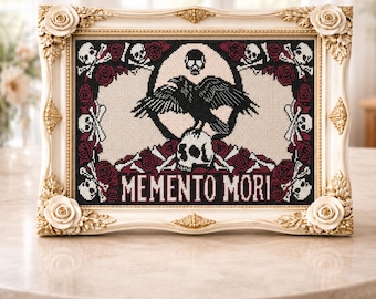 Wzór haftu krzyżykowego Raven w formacie PDF z gotycką czaszką Memento Mori