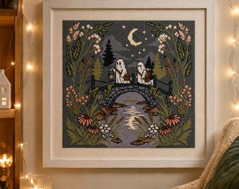 Gothic Cross Stitch Ghost Pattern, Halloween PDF Chart with Floral Night Scene