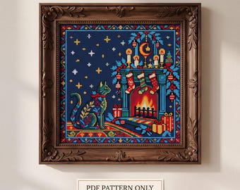 Christmas Fireplace Cross Stitch Pattern, Cat by Hearth, Holiday Needlework (PDF)