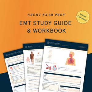 May include: NREMT Exam Prep EMT Study Guide & Workbook with an orange background and a yellow Instant Download badge. Three white pages feature medical diagrams, text, and fill-in-the-blank sections covering obstetrics, burns, and respiratory systems.
