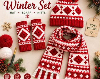 Nordic Winter Crochet Pattern Set PDF, Hat Scarf and Fingerless Mitts, Red and White Tapestry Crochet, Christmas Gift, Instant Download
