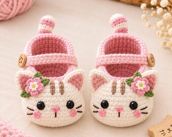 Crochet Cat Face Baby Booties Pattern, Kitty Mary Jane Shoes (PDF)