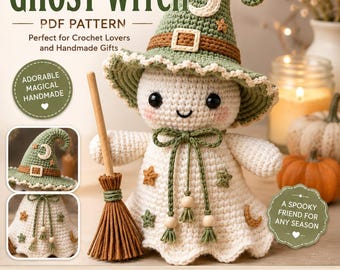 May include: A crochet ghost witch doll wearing a sage green pointed hat with a brown belt, moon and star appliques, and a white body with star and moon accents. The doll holds a small wooden broom and features black eyes and pink cheeks.