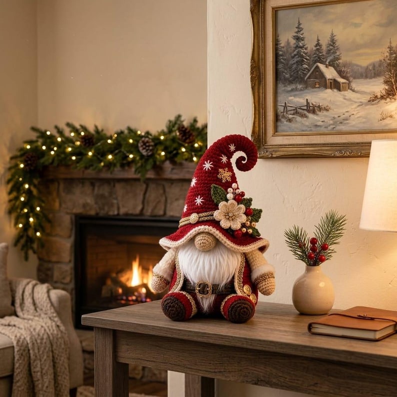 May include: A crocheted gnome figurine featuring a tall, pointed red hat decorated with white snowflake patterns, a beige flower, green leaves, and red berries. The gnome has a long white beard, a beige nose, and a red and beige crocheted outfit.