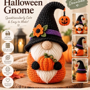 Haakpatroon voor een Halloweenheksenkabouter, amigurumi met pompoenveldje (digitale download)