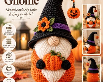 Halloween Witch Gnome Crochet Pattern, Pumpkin Patch Amigurumi (Digital Download)