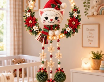 Crochet Santa Cat Wreath Pattern, Christmas Door Hanger (PDF)