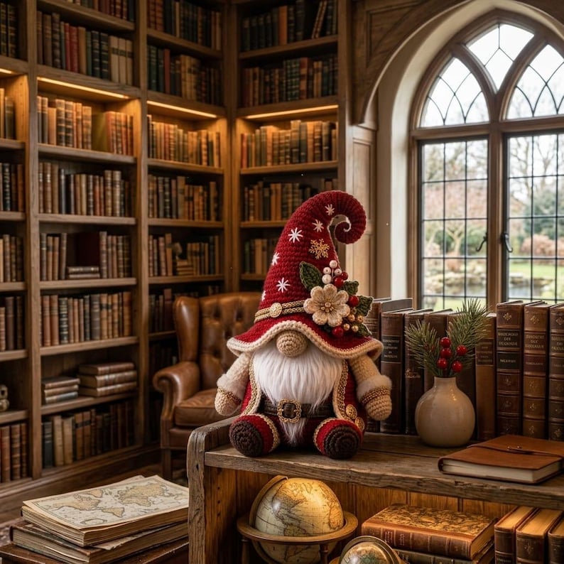 May include: A crocheted gnome figurine wearing a tall red hat with white snowflake embroidery, a beige flower, and red berries. The gnome has a long white beard, a beige nose, and a dark brown belt with a gold buckle, sitting on a wooden shelf.