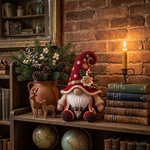 May include: A crochet gnome figurine with a red pointed hat featuring white snowflake embroidery, a long white beard, and a brown belt. The gnome sits beside a terracotta vase filled with pine branches, pinecones, and white berries.