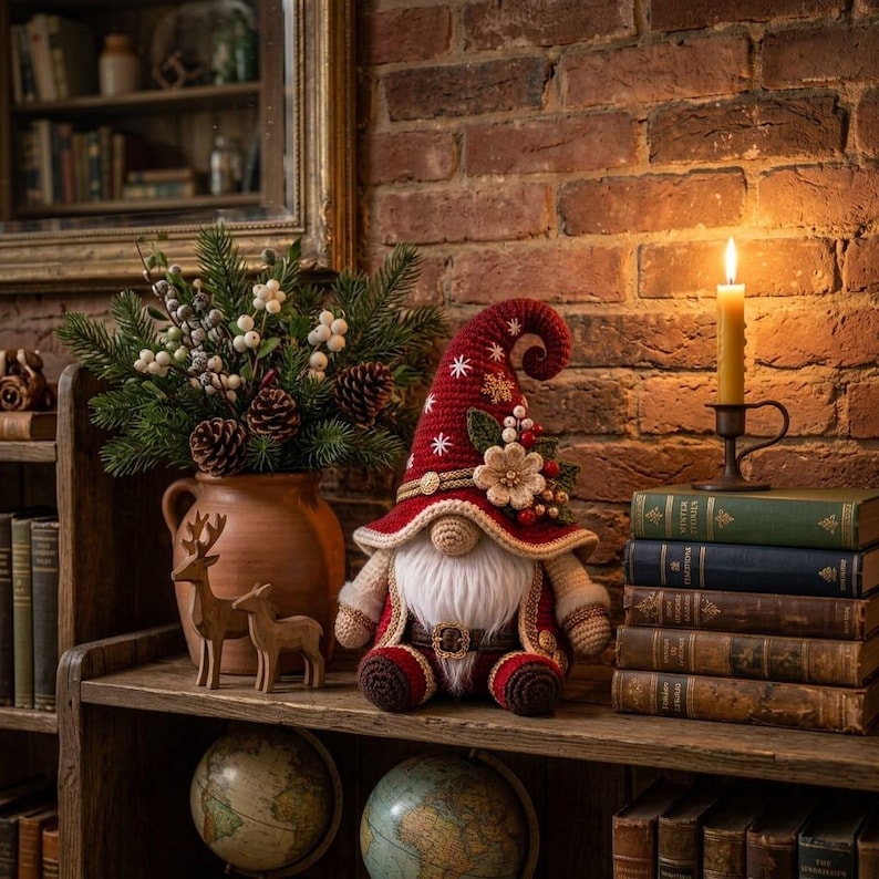May include: A crochet gnome figurine with a red pointed hat featuring white snowflake embroidery, a long white beard, and a brown belt. The gnome sits beside a terracotta vase filled with pine branches, pinecones, and white berries.