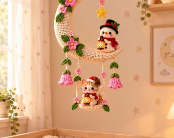 Christmas Moon Swing Crochet Pattern, Snowman & Cat with Lanterns (PDF Download)