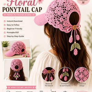 May include: A pink crochet ponytail cap featuring a floral lace design, a button and tie closure at the back, and dangling strawberry and leaf charms. The text on the image reads Crochet Pattern Floral Ponytail Cap, Beginner Friendly, and What You Will Receive.