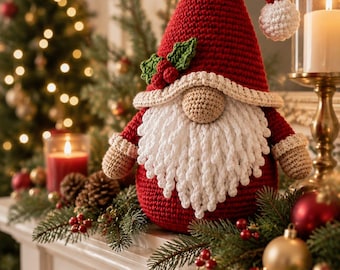 May include: A crocheted gnome figurine featuring a tall red pointed hat with a white pom-pom, a long white textured beard, a beige nose, and beige sleeves. The gnome is adorned with a small green holly leaf and red berry embellishment on the hat.