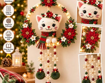 Christmas Cat Wreath Crochet Pattern, Light-Up Amigurumi Door Hanger (PDF)