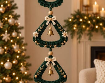 Triple Triangle Bell Garland Crochet Pattern PDF, Christmas Wall Hanging, Amigurumi Ornament with Bells, Beads, Moon & Tassel